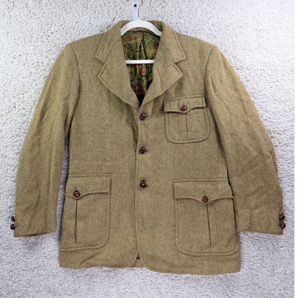 Woolrich Jacket Mens Tan Vintage 70s Wool Field Safari Coat Tweed